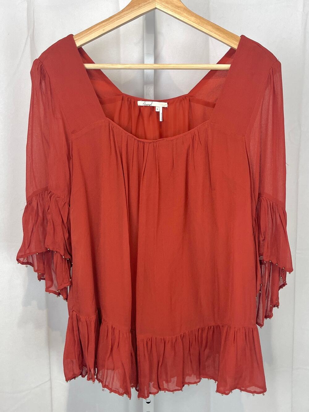 FLOREAT Anthropologie Beaded Ruffle Top 3/4 Flutter Sleeve Rust Orange Size XS